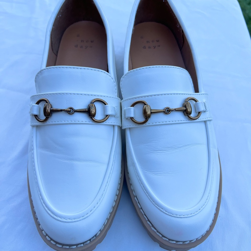 White Loafers with Gold Buckle